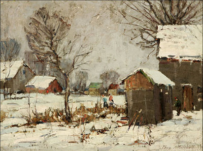 Thomas John Mitchell : Farm and figures in winter landscape