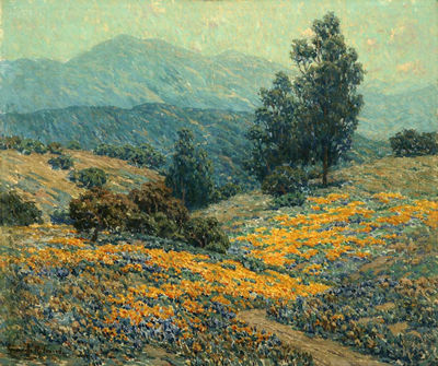 Granville Redmond : California landscape with eucalyptus, poppies and lupine