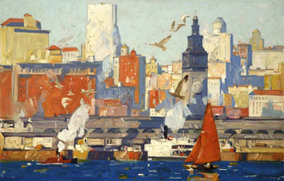 Maurice George Logan : San Francisco ferry dock and city skyline