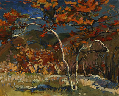 Nell Danely Brooker Mayhew : Sycamores in a mountain landscape