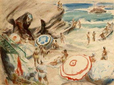 Henry George Keller : Figures and umbrellas on beach