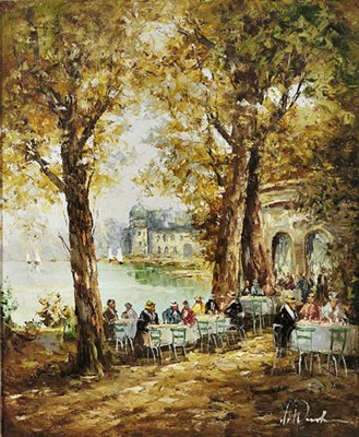 Joseph Klarl : Parkcafé an einem Teich neben Schloss.