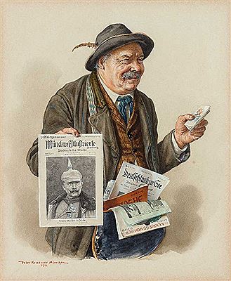 Peter Kraemer II : Bavarian newspaper vendor offers the Münchner Illustrierte in the likeness of Kaiser Wilhelm II