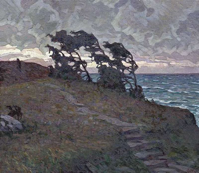 Anatole Dmitrevich Kaigorodov : Coastal path at dusk, 1929 (Reverse: Portrait of a violinist)