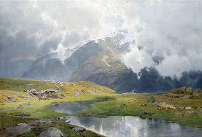 Carl Julius Emil Ludwig : Wolkenverhangene Hochgebirgslandschaft.