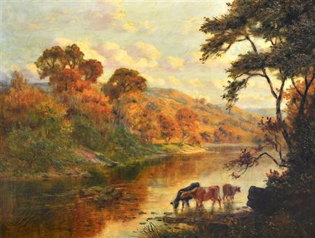 William C Irving : Cattle watering in a mountainous river landscape