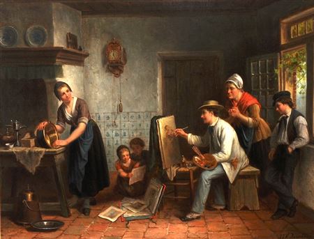 Jan Jac Matthys Damschroeder : The Artist, Interior of a Kitchen, an artist with figures looking on