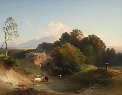 Johann Fischbach : Foothills with its castle ruins and livestock by the pool in front