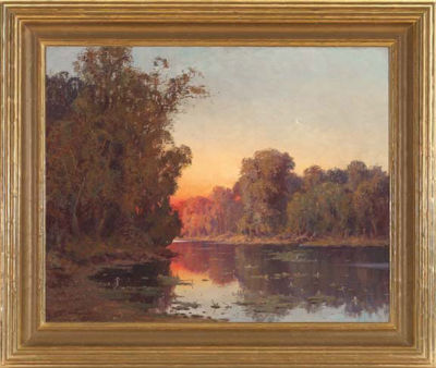 Ernest William Christmas : Panoramic River Landscape at Dusk