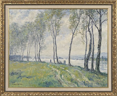 Adolf Gerhard : Spring Landscape with Figures at a River Bank