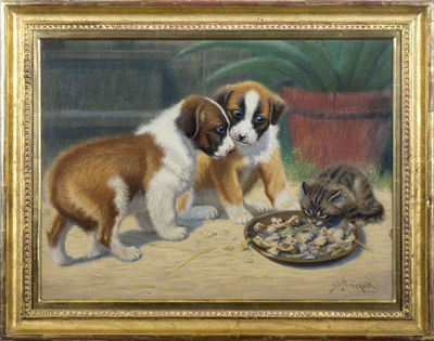 Sidney Brackett : TWO SAINT BERNARD PUPPIES AND A KITTEN