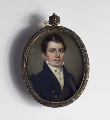 Nathaniel Rogers : PORTRAIT MINIATURE OF A GENTLEMAN IN BLACK COAT WEARING A STICK PIN