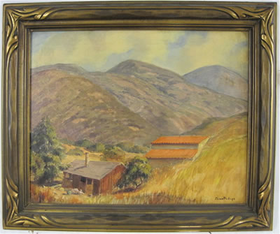 Joan Phillips : A Southern California landscape with cabin and barn