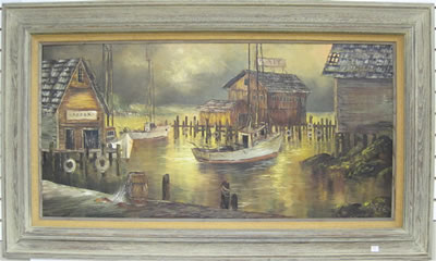 Patsee Parker : Depicting a dock scene and cannery