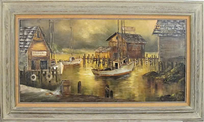 Patsee Parker : Depicting a dock scene and cannery