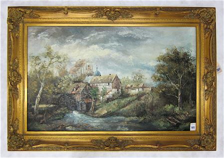 Willy Gisin : Country river village landscape with watermill