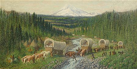 Karl Feurer : 'The Barlow Road,' a wagon train fording a river near a Native American camp with Mount Hood in the background