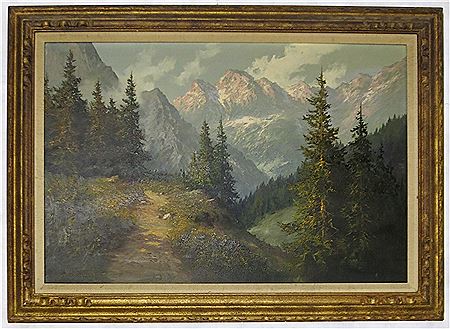 J H Thomas : Alpine landscape with mountains in the background, in a wood frame