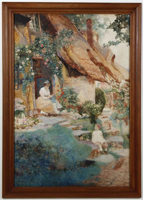 David Woodlock : Country cottage scene with woman and child seated on steps with blooming flowers and shrubs