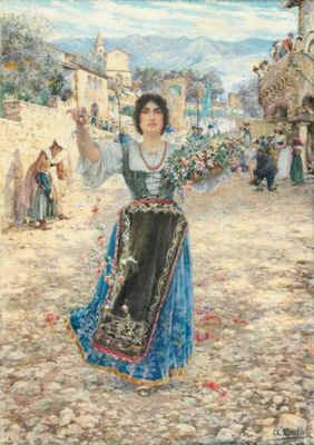 Augusto Corelli : JEUNE FEMME JETTANT DES FLEURS A L'OCCASION DE LA FETE DE LA VIERGE DANS LES ALPES ITALIENNES