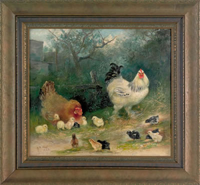 Mary B Leisz : HEN, ROOSTER AND THIRTEEN CHICKS