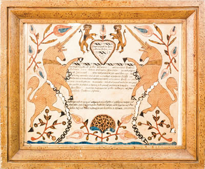 Christian Mertel : Dauphin County fraktur dated 1793 with central script flanked by rampant unicorns and tulip vines below a heart and two crowned lions, retaining a period faux bird's-eye maple decorated frame