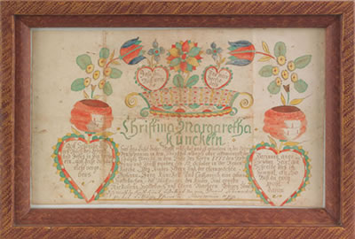 Daniel Schumacher : Fraktur for Christina Margaretha Kunckel, dated 1777, Albany Township, Berks County