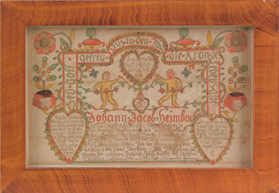 Daniel Schumacher : Fraktur birth certificate for Johann Jacob Heibach, born 1771, Albany Township, Berks County