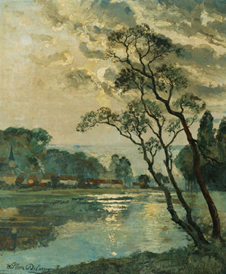 Willem Delsaux : River and trees with church in the distance