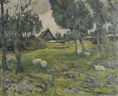 Erik William Johnsen : Sheep at pasture with barn in background.