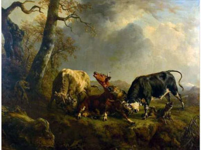 Jacques-Raymond Brascassat : Vache attaquée par des loups et défendue par des taureaux