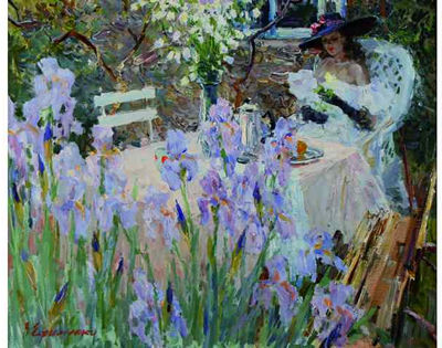 Viktor Efimenko : Dans le jardin, femme au chapeau bleu