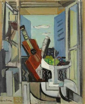 Pierre Favre : Nature morte à la guitare et coupe de fruits.