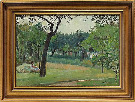 Willy Brandes : Impressionistische Sommerlandschaft mit Mädchen, im Hintergrund Wäscheleine.