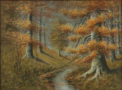 Fred E Pearce : A stream separates the birch tree lined banks