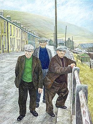 David Carpanini : Three hatted gentlemen in a Valleys street, entitled verso on Attic Gallery label 'Shadows in a Theatre of Dreams'