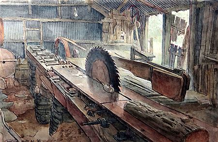 Arthur Miles : Interior workshop scene 'Sawing Shed at Cwmcoll Mill'