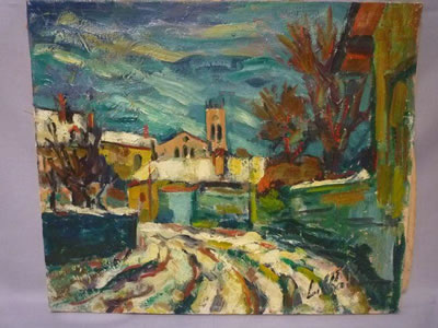 Léon Chaloin : Village et église sous la neige.