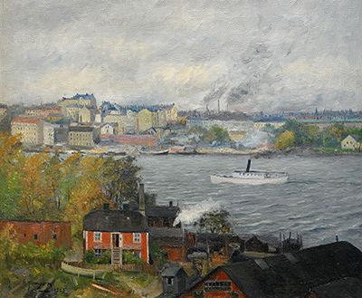 Knut Janson : Höstdag - motiv från Långholmen mot Kungsholmen, Stockholm