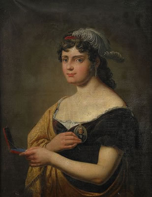 Per Krafft II : Porträtt av adelskvinnan Christina Sofia Lagerberg, född von Gertten (1766-1829) iklädd purpurfärgad klänning och gyllengul sjal, i handen hållande sin makes porträtt i miniatyr - midjebild