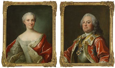 Olof Arenius : Porträtt av riksrådet friherre Nils Palmstierna (1696-1766) i hermelinbrämad rock bärandes serafimerordens kedja och friherrinnan Anna Christina Palmstierna, née Lagerberg (1728-1803) iklädd hermelinbrämad mantel - ett par midjebilder (2)