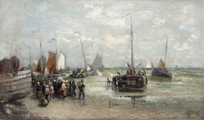 Harry (Henry) Chase : Sailing vessels on a beach with figures