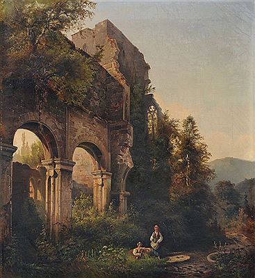 Waldemar Knoll : Abendliche Ruinenlandschaft mit Schäferinnen.