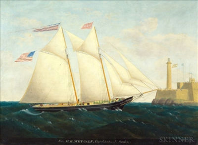 Edward Everard Arnold : The Schooner H.B. Metcalf off Havana with Fort La Cabana in the Distance