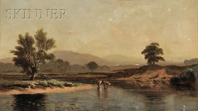 Edwin Champney : View of Cows by a River, Possibly New Hampshire