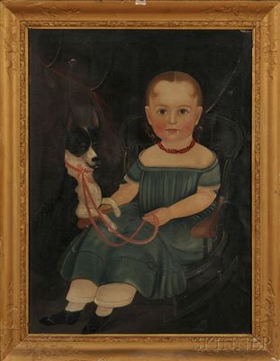 Sturtevant J Hamblen : Portrait of Young Girl Seated in a Rocking Chair with Her Dog.