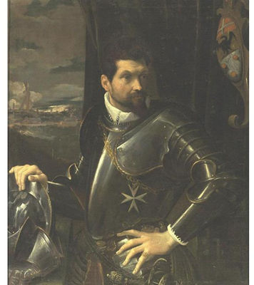 Lodovico Carracci : PORTRAIT OF CARLO ALBERTO RATI OPIZZONI IN ARMOUR, THREE-QUARTER LENGTH STANDING, WEARING THE ORDER OF THE KNIGHTS OF MALTA, A VIEW OF THE CITY OF BOLOGNA BEYOND