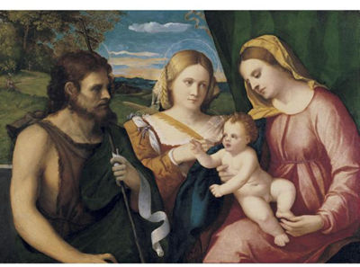 Jacopo Palma il Giovane : A 'SACRA CONVERSAZIONE': THE MADONNA AND CHILD WITH SAINTS JOHN THE BAPTIST AND A FEMALE SAINT (PROBABLY SAINT CATHERINE)