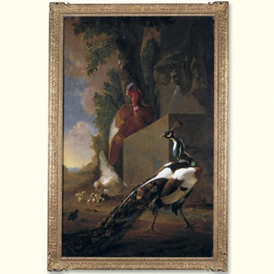 Abraham Bisschop : A TURKEY, PEACOCK, A CHICKEN WITH HIS CHICKS BESIDE A CLASSICAL FOUNTAIN IN A LANDSCAPE