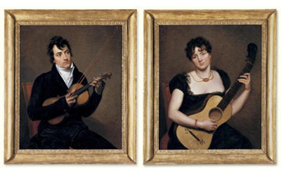 Jacques Antoine Vallin : A YOUNG LADY WITH A GUITAR; A YOUNG MAN WITH A VIOLIN, POSSIBLY PIERRE RODE (Pair)